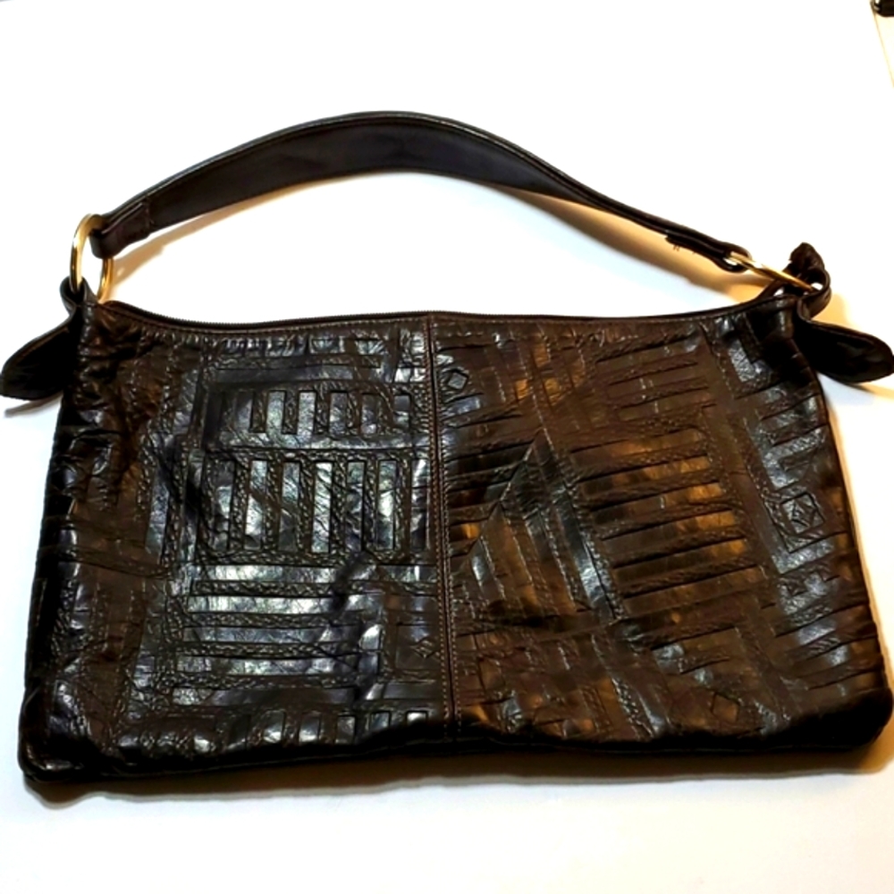 ANDRE OLIVER EMBOSSED DARK BROWN SOFT BEAUTIFUL LEATHER GLAM BAG